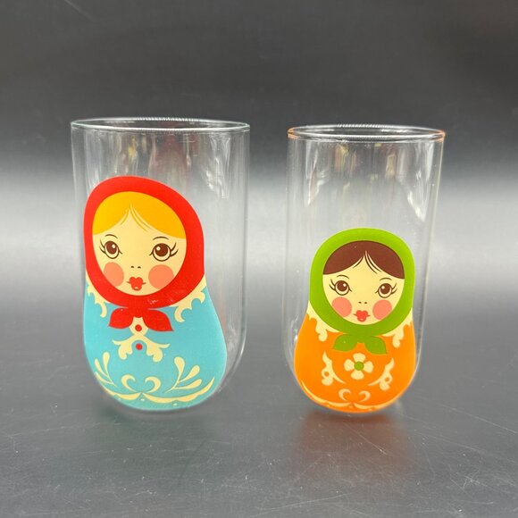 Russian Doll Nesting Glass Cups Tumblers Fred Babushkups 2010 Set Of 2 Kitschy - Picture 2 of 11